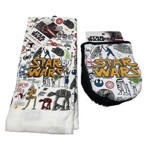 Star Wars Kitchen Towels and Oven Mitts Matching Set White Yellow Logo Brand New